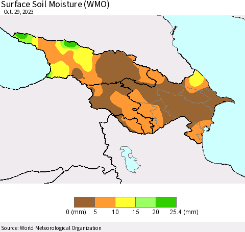 Azerbaijan, Armenia and Georgia Surface Soil Moisture (WMO) Thematic Map For 10/23/2023 - 10/29/2023