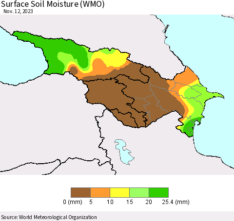 Azerbaijan, Armenia and Georgia Surface Soil Moisture (WMO) Thematic Map For 11/6/2023 - 11/12/2023