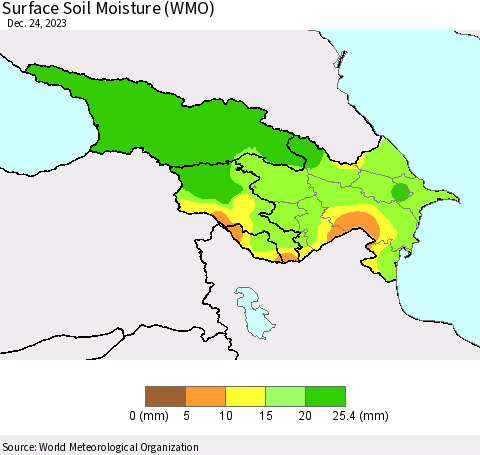 Azerbaijan, Armenia and Georgia Surface Soil Moisture (WMO) Thematic Map For 12/18/2023 - 12/24/2023