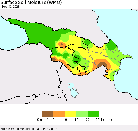 Azerbaijan, Armenia and Georgia Surface Soil Moisture (WMO) Thematic Map For 12/25/2023 - 12/31/2023