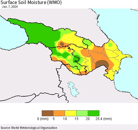 Azerbaijan, Armenia and Georgia Surface Soil Moisture (WMO) Thematic Map For 1/1/2024 - 1/7/2024