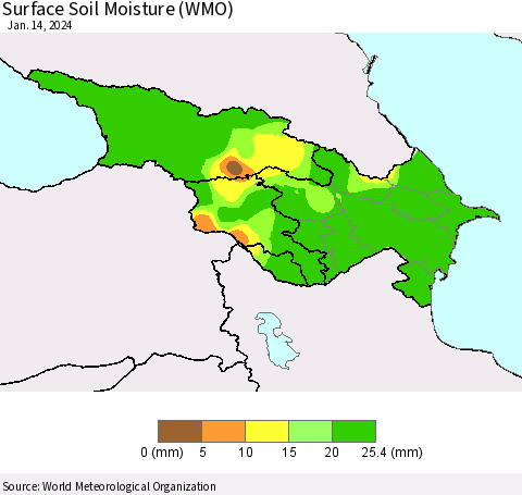 Azerbaijan, Armenia and Georgia Surface Soil Moisture (WMO) Thematic Map For 1/8/2024 - 1/14/2024