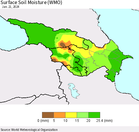 Azerbaijan, Armenia and Georgia Surface Soil Moisture (WMO) Thematic Map For 1/15/2024 - 1/21/2024