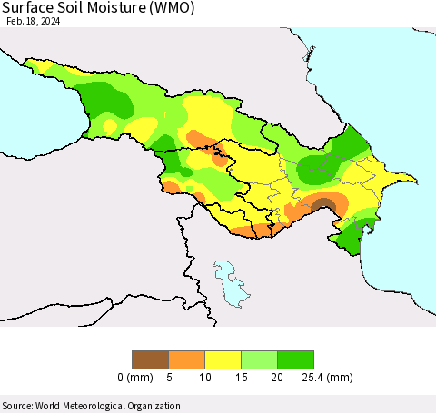 Azerbaijan, Armenia and Georgia Surface Soil Moisture (WMO) Thematic Map For 2/12/2024 - 2/18/2024