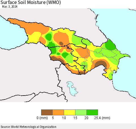 Azerbaijan, Armenia and Georgia Surface Soil Moisture (WMO) Thematic Map For 2/26/2024 - 3/3/2024