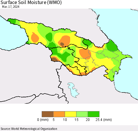 Azerbaijan, Armenia and Georgia Surface Soil Moisture (WMO) Thematic Map For 3/11/2024 - 3/17/2024