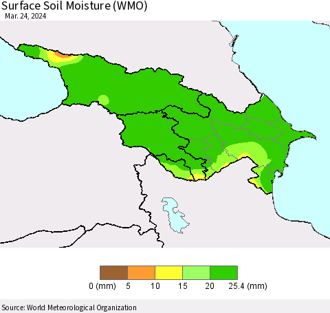 Azerbaijan, Armenia and Georgia Surface Soil Moisture (WMO) Thematic Map For 3/18/2024 - 3/24/2024