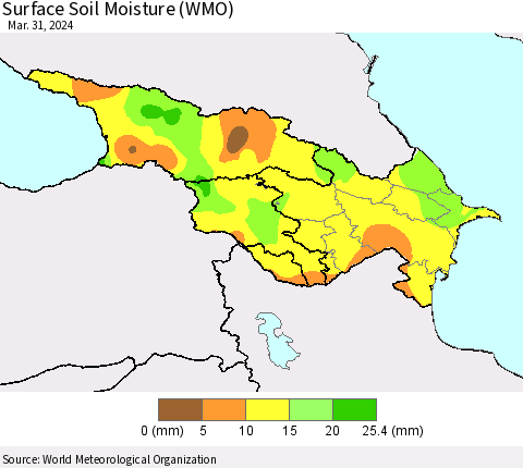 Azerbaijan, Armenia and Georgia Surface Soil Moisture (WMO) Thematic Map For 3/25/2024 - 3/31/2024