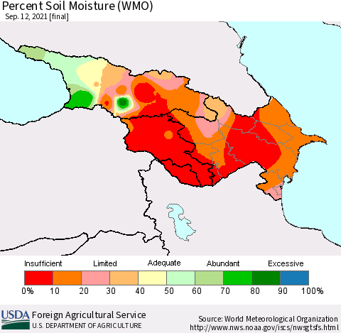 Azerbaijan, Armenia and Georgia Percent Soil Moisture (WMO) Thematic Map For 9/6/2021 - 9/12/2021