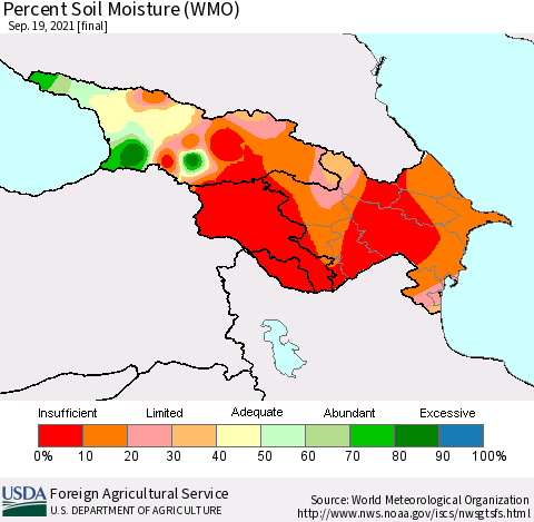 Azerbaijan, Armenia and Georgia Percent Soil Moisture (WMO) Thematic Map For 9/13/2021 - 9/19/2021