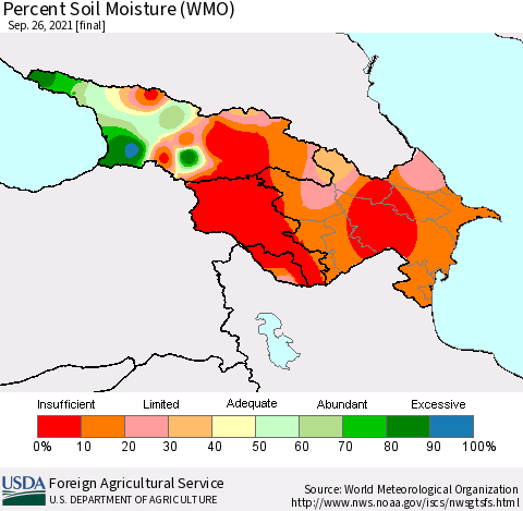 Azerbaijan, Armenia and Georgia Percent Soil Moisture (WMO) Thematic Map For 9/20/2021 - 9/26/2021