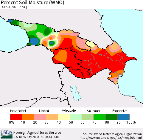 Azerbaijan, Armenia and Georgia Percent Soil Moisture (WMO) Thematic Map For 9/27/2021 - 10/3/2021