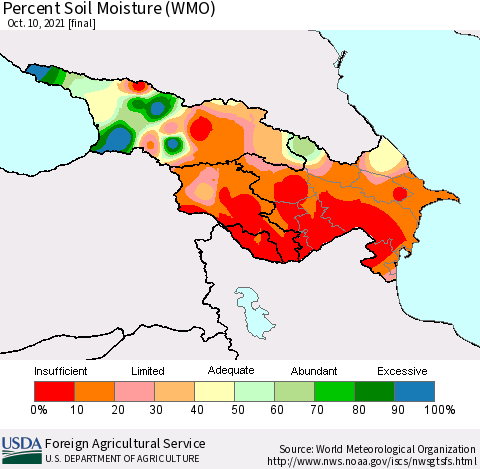 Azerbaijan, Armenia and Georgia Percent Soil Moisture (WMO) Thematic Map For 10/4/2021 - 10/10/2021