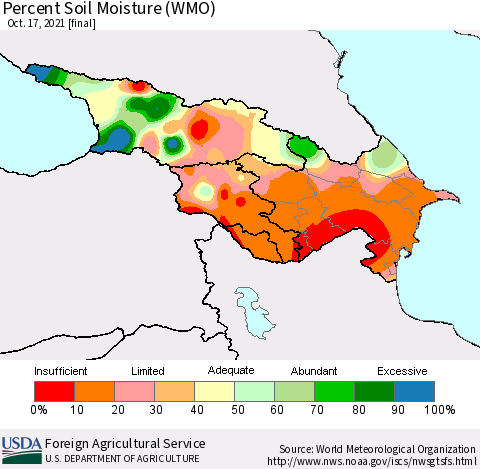 Azerbaijan, Armenia and Georgia Percent Soil Moisture (WMO) Thematic Map For 10/11/2021 - 10/17/2021