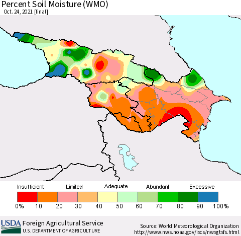 Azerbaijan, Armenia and Georgia Percent Soil Moisture (WMO) Thematic Map For 10/18/2021 - 10/24/2021