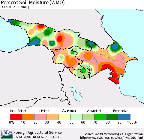 Azerbaijan, Armenia and Georgia Percent Soil Moisture (WMO) Thematic Map For 10/25/2021 - 10/31/2021