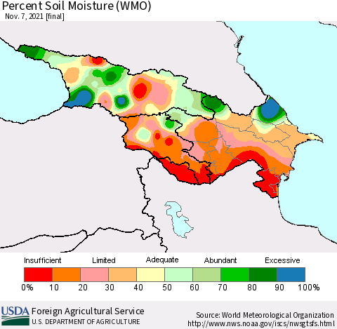 Azerbaijan, Armenia and Georgia Percent Soil Moisture (WMO) Thematic Map For 11/1/2021 - 11/7/2021