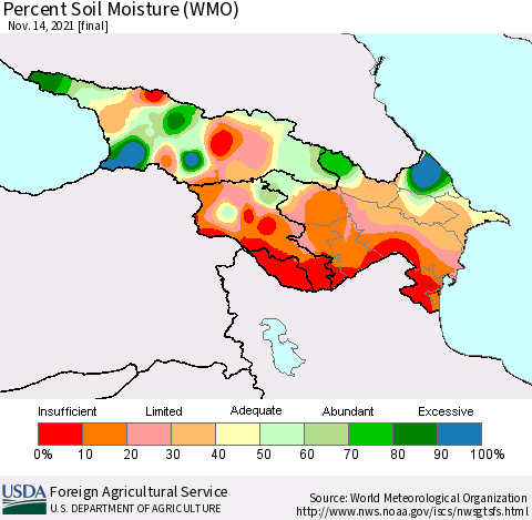 Azerbaijan, Armenia and Georgia Percent Soil Moisture (WMO) Thematic Map For 11/8/2021 - 11/14/2021