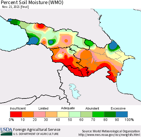 Azerbaijan, Armenia and Georgia Percent Soil Moisture (WMO) Thematic Map For 11/15/2021 - 11/21/2021