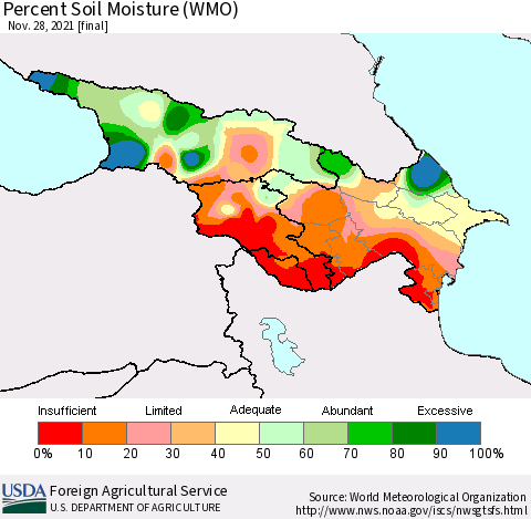 Azerbaijan, Armenia and Georgia Percent Soil Moisture (WMO) Thematic Map For 11/22/2021 - 11/28/2021