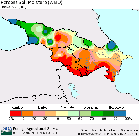Azerbaijan, Armenia and Georgia Percent Soil Moisture (WMO) Thematic Map For 11/29/2021 - 12/5/2021