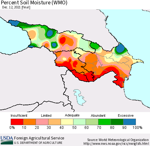 Azerbaijan, Armenia and Georgia Percent Soil Moisture (WMO) Thematic Map For 12/6/2021 - 12/12/2021