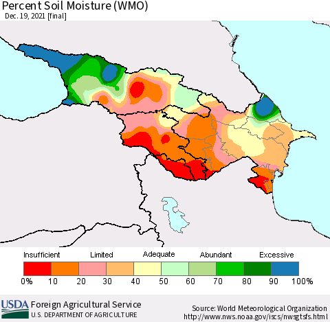 Azerbaijan, Armenia and Georgia Percent Soil Moisture (WMO) Thematic Map For 12/13/2021 - 12/19/2021