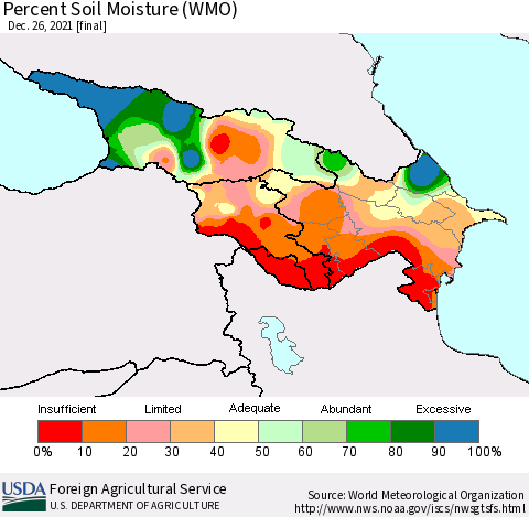Azerbaijan, Armenia and Georgia Percent Soil Moisture (WMO) Thematic Map For 12/20/2021 - 12/26/2021