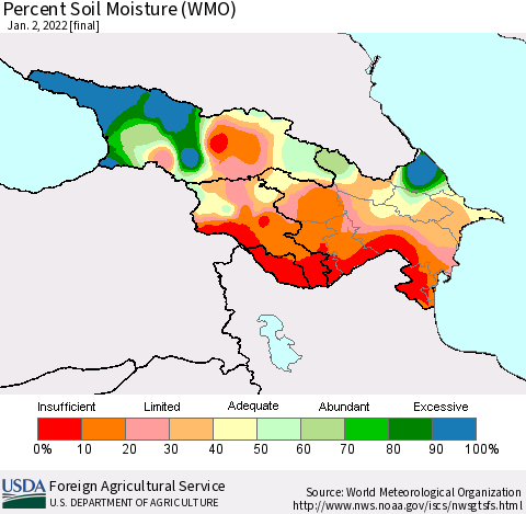 Azerbaijan, Armenia and Georgia Percent Soil Moisture (WMO) Thematic Map For 12/27/2021 - 1/2/2022