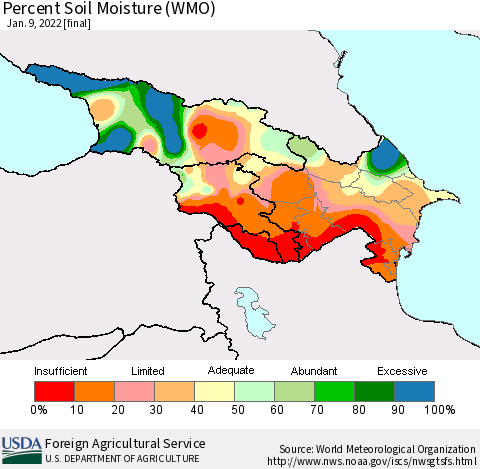 Azerbaijan, Armenia and Georgia Percent Soil Moisture (WMO) Thematic Map For 1/3/2022 - 1/9/2022