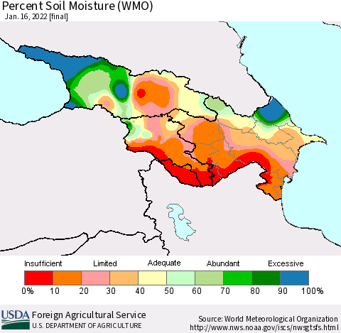 Azerbaijan, Armenia and Georgia Percent Soil Moisture (WMO) Thematic Map For 1/10/2022 - 1/16/2022