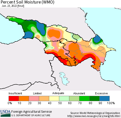 Azerbaijan, Armenia and Georgia Percent Soil Moisture (WMO) Thematic Map For 1/17/2022 - 1/23/2022