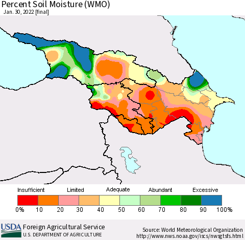 Azerbaijan, Armenia and Georgia Percent Soil Moisture (WMO) Thematic Map For 1/24/2022 - 1/30/2022
