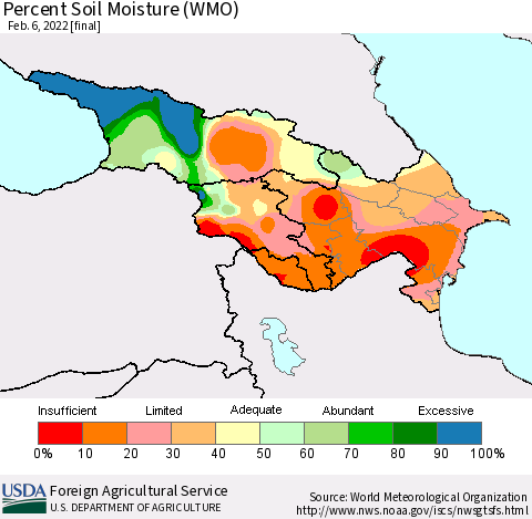 Azerbaijan, Armenia and Georgia Percent Soil Moisture (WMO) Thematic Map For 1/31/2022 - 2/6/2022