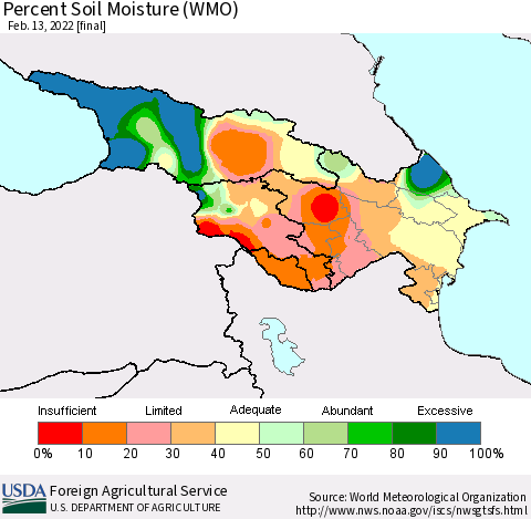 Azerbaijan, Armenia and Georgia Percent Soil Moisture (WMO) Thematic Map For 2/7/2022 - 2/13/2022