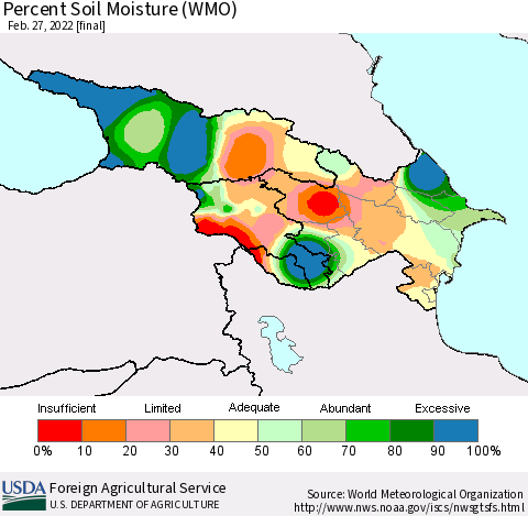Azerbaijan, Armenia and Georgia Percent Soil Moisture (WMO) Thematic Map For 2/21/2022 - 2/27/2022
