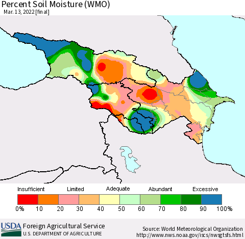 Azerbaijan, Armenia and Georgia Percent Soil Moisture (WMO) Thematic Map For 3/7/2022 - 3/13/2022