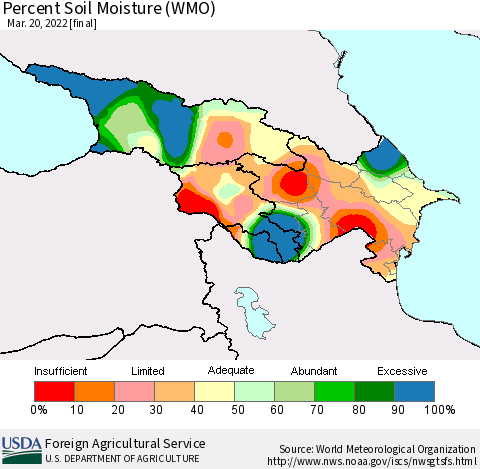 Azerbaijan, Armenia and Georgia Percent Soil Moisture (WMO) Thematic Map For 3/14/2022 - 3/20/2022