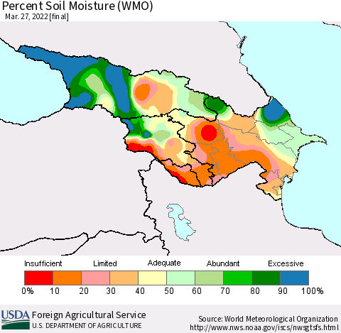 Azerbaijan, Armenia and Georgia Percent Soil Moisture (WMO) Thematic Map For 3/21/2022 - 3/27/2022