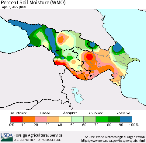 Azerbaijan, Armenia and Georgia Percent Soil Moisture (WMO) Thematic Map For 3/28/2022 - 4/3/2022