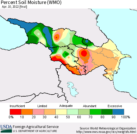 Azerbaijan, Armenia and Georgia Percent Soil Moisture (WMO) Thematic Map For 4/4/2022 - 4/10/2022