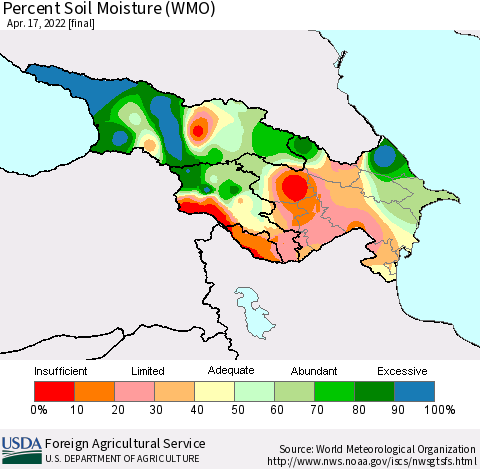 Azerbaijan, Armenia and Georgia Percent Soil Moisture (WMO) Thematic Map For 4/11/2022 - 4/17/2022