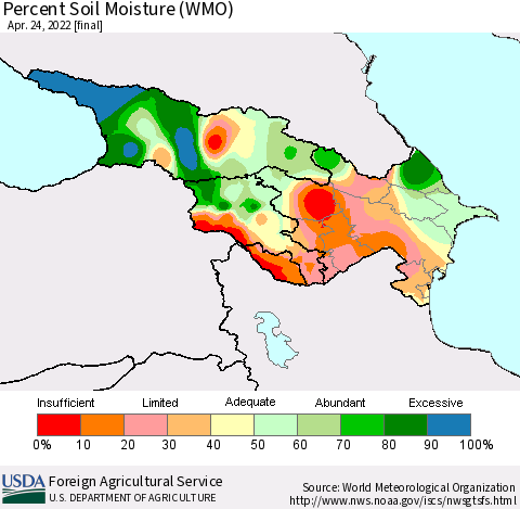 Azerbaijan, Armenia and Georgia Percent Soil Moisture (WMO) Thematic Map For 4/18/2022 - 4/24/2022