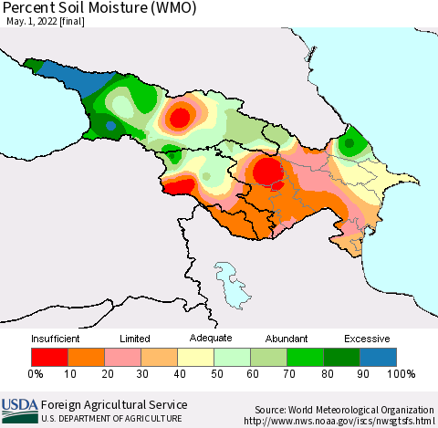 Azerbaijan, Armenia and Georgia Percent Soil Moisture (WMO) Thematic Map For 4/25/2022 - 5/1/2022