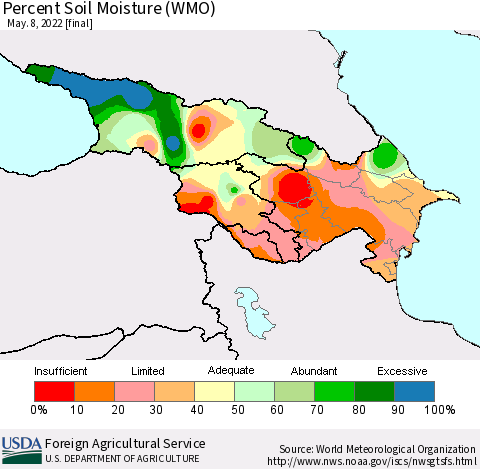 Azerbaijan, Armenia and Georgia Percent Soil Moisture (WMO) Thematic Map For 5/2/2022 - 5/8/2022