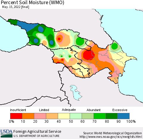 Azerbaijan, Armenia and Georgia Percent Soil Moisture (WMO) Thematic Map For 5/9/2022 - 5/15/2022