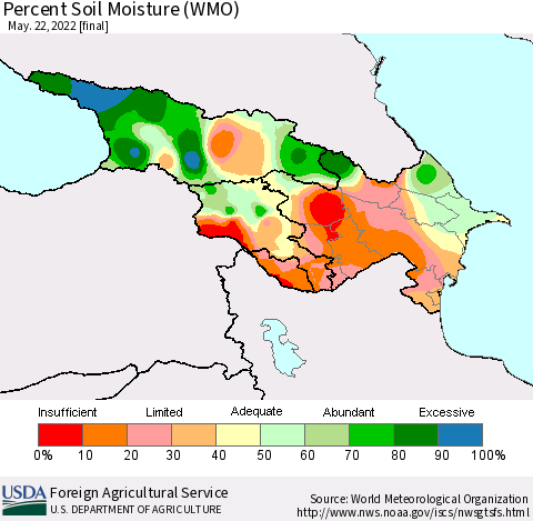 Azerbaijan, Armenia and Georgia Percent Soil Moisture (WMO) Thematic Map For 5/16/2022 - 5/22/2022