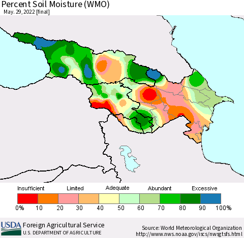 Azerbaijan, Armenia and Georgia Percent Soil Moisture (WMO) Thematic Map For 5/23/2022 - 5/29/2022