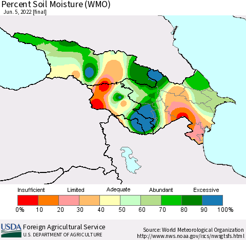 Azerbaijan, Armenia and Georgia Percent Soil Moisture (WMO) Thematic Map For 5/30/2022 - 6/5/2022