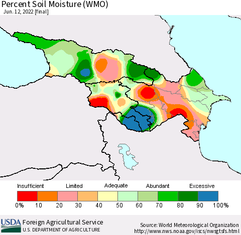 Azerbaijan, Armenia and Georgia Percent Soil Moisture (WMO) Thematic Map For 6/6/2022 - 6/12/2022